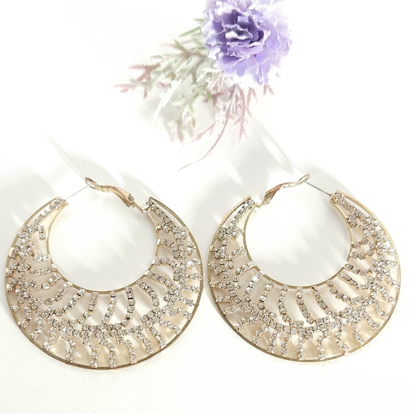 Jewelry - Gold Tone Crystal Hoop Earrings Large Crystal Statement Hoop Earrings
